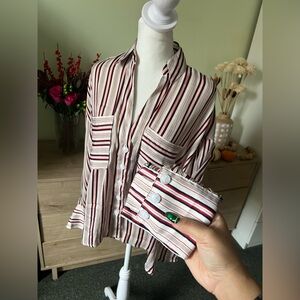 FREE PEOPLE Maroon Striped Satin Silk Button Down Long-Sleeve V-Neck Blouse XS